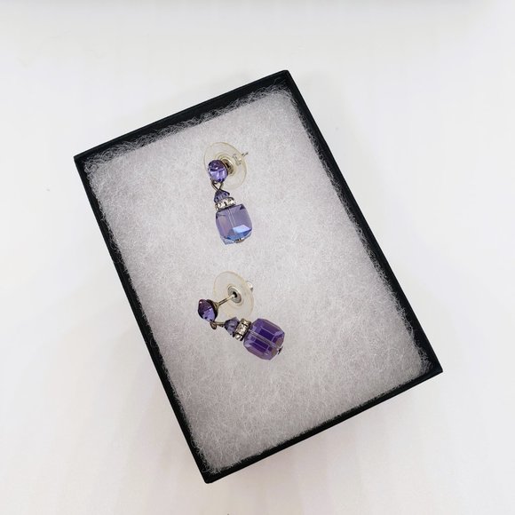Purple & Clear Cube Dangle/Drop Stud Earrings - Picture 2 of 12